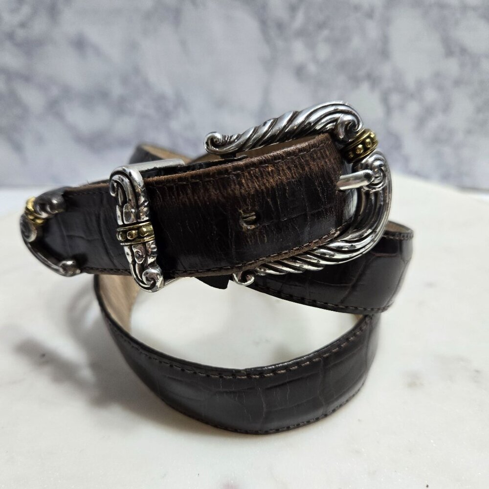 Brighton Belt Womens Large 34 Brown Leather Silver‎ Gold Tone Western Buckle